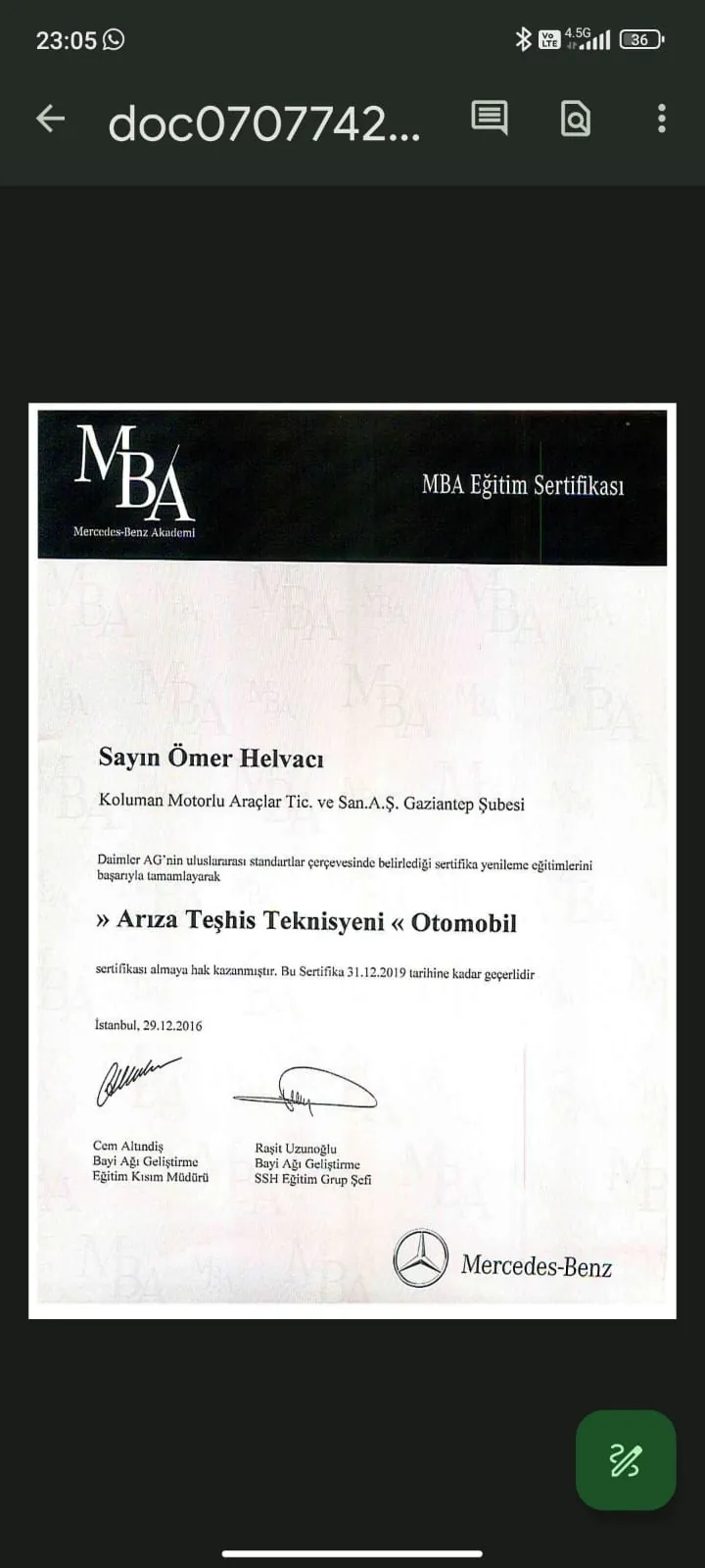Mercedes-Benz Akademi Arıza Teşhis Teknisyeni sertifikası