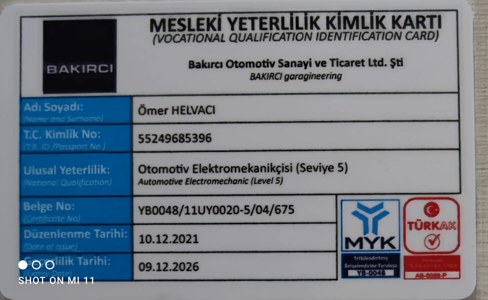 Mesleki Yeterlilik Kimlik Kartı - TÜRKAK akredite