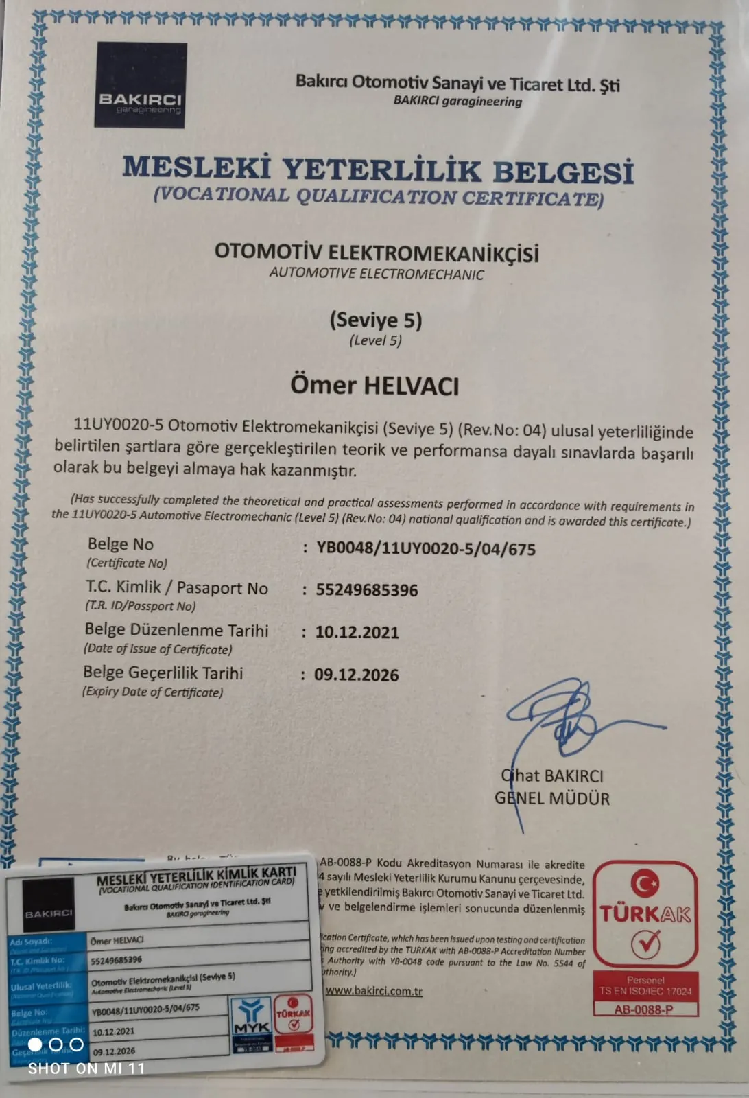 MYK Seviye 5 Otomotiv Elektromekanikçisi sertifikası